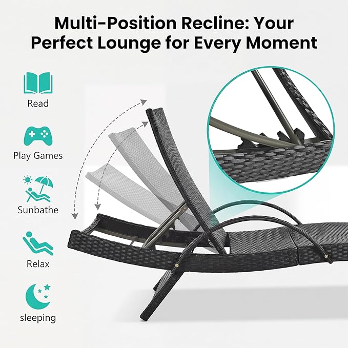 80'' Outdoor Wicker Chaise Lounge Chairs Set of 2, Patio Rattan Reclining Chair with Pull-Out Side Table - Photo 4