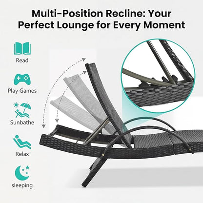 80'' Outdoor Wicker Chaise Lounge Chairs Set of 8, Patio Rattan Reclining Chair with Pull-Out Side Table, Adjustable Backrest for Beach, Poolside, Garden, Backyard, Dark Brown