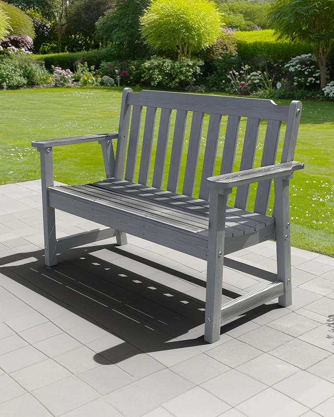 Outdoor Bench, 2-Person HDPE Garden Bench, All Weather Poly Patio Bench for Outdoors, Garden, Backyard, Porch and Park, 660 lbs Weight Capacity, Grey, 2 Pack