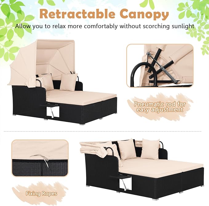 Moccha Outdoor Daybed with Retractable Canopy, Wicker Cabana with 2 Side Tables & Soft Cushions - Photo 4