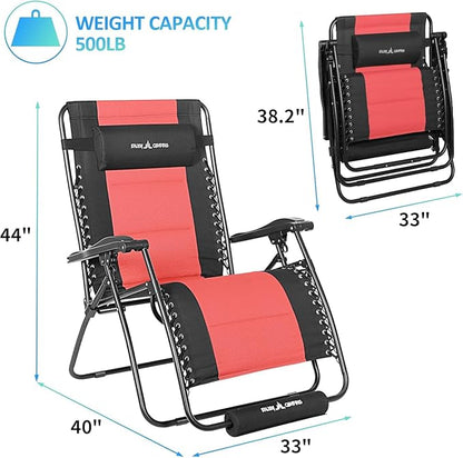 Amopatio XXL Oversized Zero Gravity Chair, 33" Width Padded Lounge Chairs for Outside, Folding Reclining Anti Gravity Chair for Patio Pool Porch Deck Beach, Red