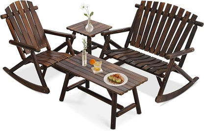 4-Piece Outdoor Wood Rocking Bistro Set, Rustic Wooden Conversation Set Including 2-Seater Loveseat, 2 Coffee Table, Log Rocker Chair, Patio Furniture Chair Set for Lawn Yard, Carbonized