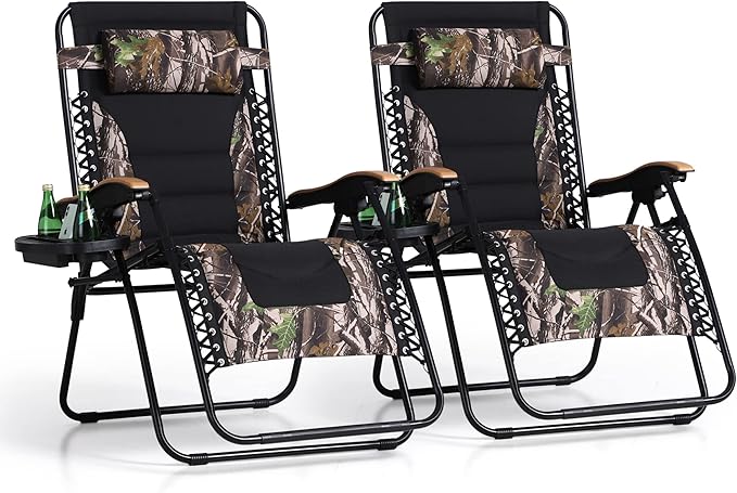 PHI VILLA XXL Oversized Padded Zero Gravity Chair Set of 2, Foldable Patio Recliner, 30" Wide Seat Anti Gravity Lounger with Armrest and Cup Holder, Support 400 LBS (Camouflage)