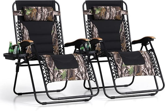 PHI VILLA XXL Oversized Padded Zero Gravity Chair Set of 2, Foldable Patio Recliner, 30" Wide Seat Anti Gravity Lounger with Armrest and Cup Holder, Support 400 LBS (Camouflage)