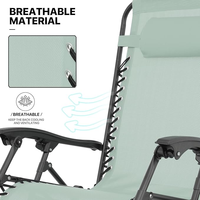 MoNiBloom Zero Gravity Chairs Set of 2 Outdoor Folding Patio Lounge Chairs for Outside Reclining Lawn Chairs Recliner Beach Chairs for Adults, Sage Green