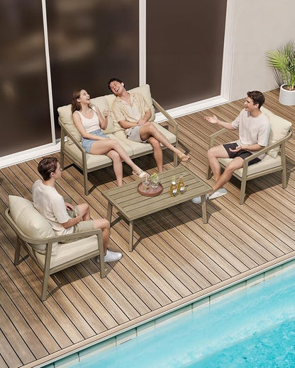 Patio Coffee Table, Never-Rust Aluminum Outdoor Coffee Table with Wood Grain Texture, Modern Rectangle Garden Coffee Table with Slatted Tabletop for Poolside, Decks, Indoor, Balcony, Gray Oak | Never-Rust, Wood Grain Texture, Slatted Tabletop