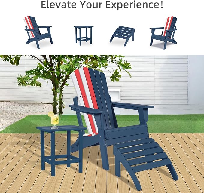 Aoodor Folding Adirondack Chair HDPE Outdoor All-Weather Chair for Patio, Garden, Backyard, Lawn, Fire Pit, Set of 2, Red&White&Blue
