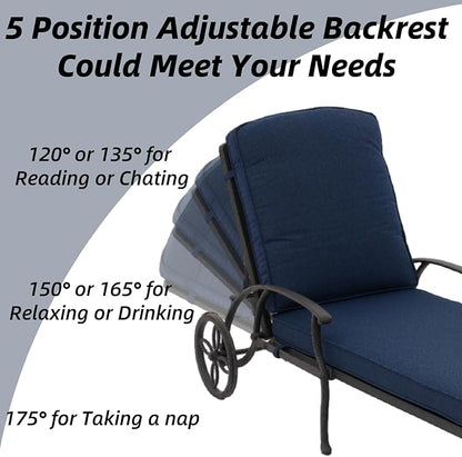 Chaise Lounge Outdoor Chair with Wheels, Adjustable Reclining Rust-Resistant Aluminum Cast Poolside Chaise Lounge Furniture with Waterproof Denim Blue Cushion (1pc)