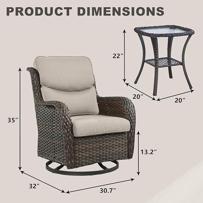Rilyson Wicker Rocking Chair Swivel Chairs - 3 Piece Rocker Patio Furniture Set Rattan Rocking Bistro Sets with Glass - Photo 3