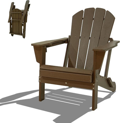 Domi Folding Adirondack Chair, HDPE All-Weather Outdoor Chair with Cup Holder, Wooden Textured Fire Pit Chair for Backyard, Patio, Poolside & Deck, Khaki