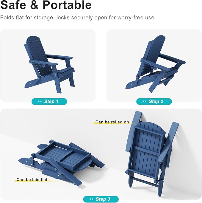 HDPE Foldable Adirondack Outdoor Chair with Cup Holder, Weather Resistant Heavy-Duty Patio Chair for Patio, Backyard, Deck, Fire Pit, Lawn and Porch, Navy Blue