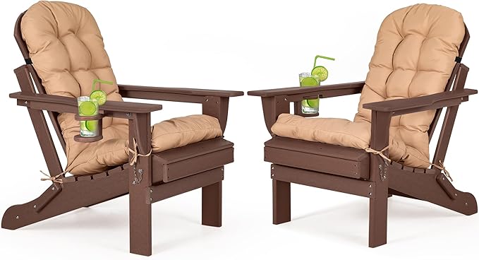 nalone Folding Adirondack Chairs Set of 2 with Cushion with Cup Holder, HDPE Plastic Oversized Patio Chair Weather Resistant, Used in Outdoor, Fire Pit, Deck, Garden, Campfire Chairs