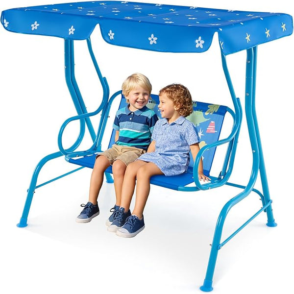 Costzon Kids Porch Swing, All-Weather Patio Swing Bench Hammock w/Adjustable Canopy & Safety Belts for 2 Children - Photo 1