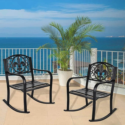 Grepatio Outdoor Patio Rocking Chair, Wrought Cast Iron Furniture Chair Metal Rocking Seat Chairs for for Deck, Backyard or Garden w/Scroll Design (Black)
