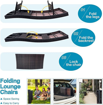 Adjustable Patio Chairs Lounge Chair, Set of 1 Chair PE Rattan Foldable Backrest Chaise Lounge with Detachable Cushion, Outdoor Pool Folding Recliner, for Outside Beach Poolside Sunbathing