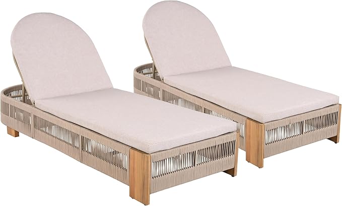 Christopher Knight Home Daskz Patio Chaise Lounge Chair Set of 2, Patio Outdoor Acacia Wood Chaise Lounge with Cushions, Adjustable Backrest Poolside Beach Yard Seating, Rope Design, 79.5'',Teak+Beige