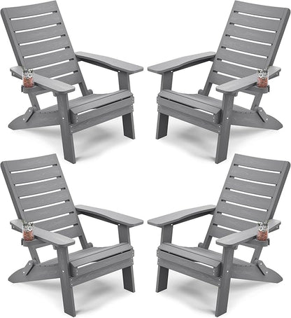 YEFU Adirondack Chair, Folding Adirondack Chairs Set of 4 with Arc Back & Cup Holder, Weather Resistant Plastic Oversized Chair for Outdoor Patio Lawn Garden Backyard Deck Fire Pit, Grey