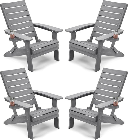 YEFU Adirondack Chair, Folding Adirondack Chairs Set of 4 with Arc Back & Cup Holder, Weather Resistant Plastic Oversized Chair for Outdoor Patio Lawn Garden Backyard Deck Fire Pit, Grey