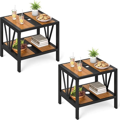 HAPPYGRILL Outdoor Side Table with Umbrella Hole 1.57”, 2-Tier Coffee Bistro End Table Umbrella Stand with Storage Shelf, for Backyard Poolside Garden (2)