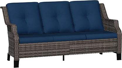 Outdoor Patio Sofa Wicker 3 Seater Sofa, Rattan Couch with Deep Seat and Olefin Cushions, High Backrest, All-Weather for Balcony, Deck, Backyard