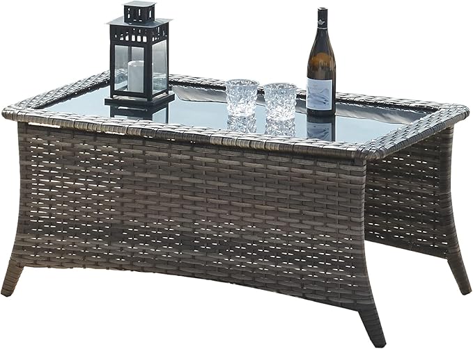 HUMMUH Outdoor Coffee Table Patio Rattan Patio Side Table Built-in Black Glass Top PE Wicker Rectangle Sofa Table Grey