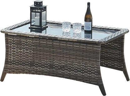 HUMMUH Outdoor Coffee Table Patio Rattan Patio Side Table Built-in Black Glass Top PE Wicker Rectangle Sofa Table Grey