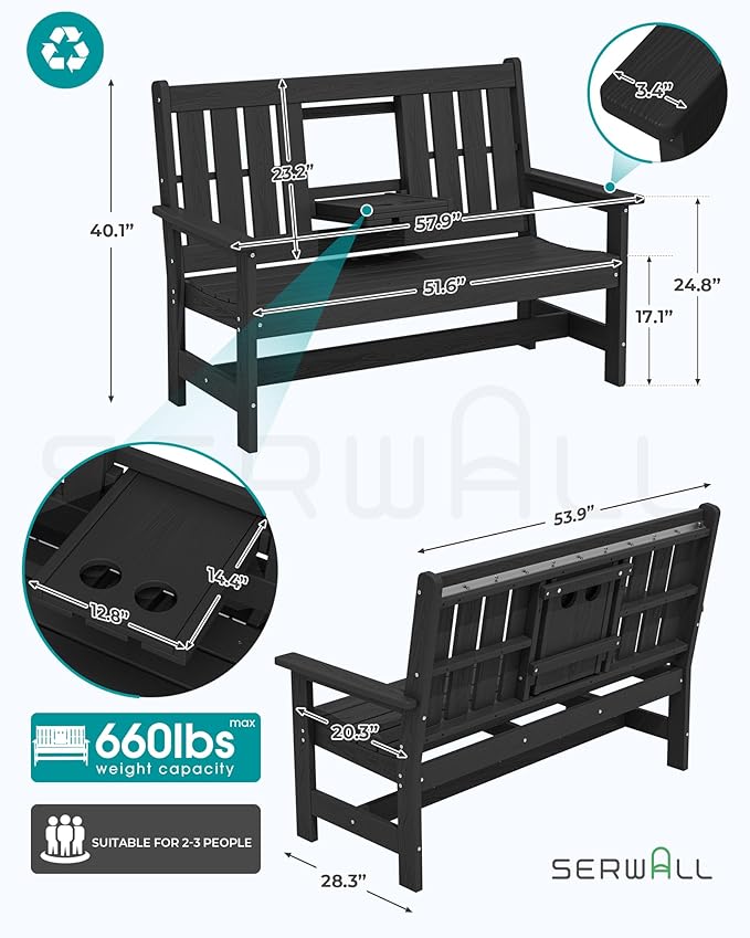 SERWALL Outdoor Bench with Cup Holder, 58" HDPE Garden Park Bench Suitable for 3 Person - Photo 2
