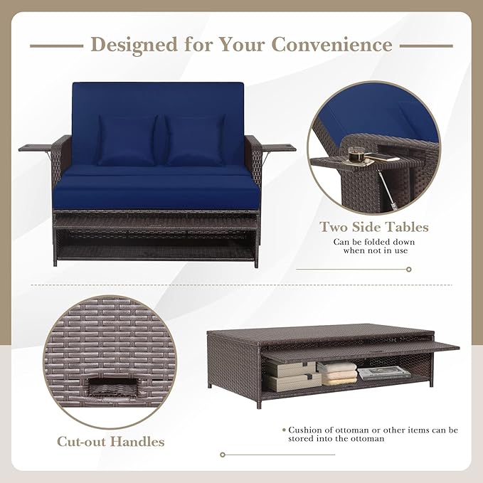 COSTWAY Patio Rattan Daybed with Cushions, Outdoor Wicker Loveseat Sofa with Storage Ottoman - Photo 9
