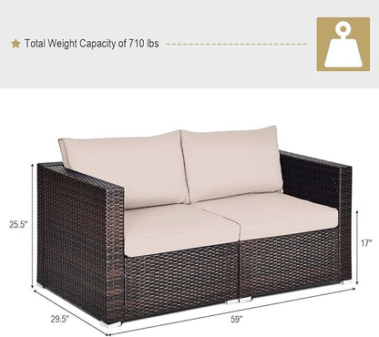 Tangkula Wicker Loveseat 2 Piece, Patio Furniture Couch with Removable Cushions, Rattan Loveseat Sofa for Balcony, Deck, Garden and Poolside