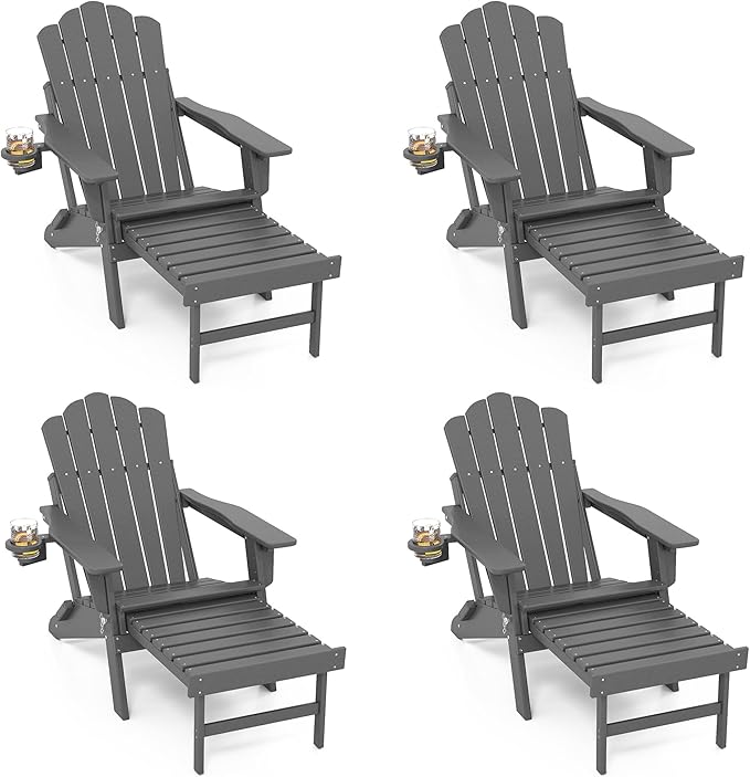 FOOWIN Adjustable Adirondack Chair with Retractable Ottoman Set of 4, Folding Adirondack Chair with Cup Holder, HDPE All-Weather Fire Pit Chair for Patio, Yard, Poolside, Grey