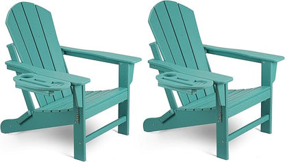 Adirondack Chair Set of 2, HDPE Folding Adirondack Chair with Multifunctional Cup Holder, Weather Resistant Fire Pit Chair for porches, patios, patios, poolsides, Decks.