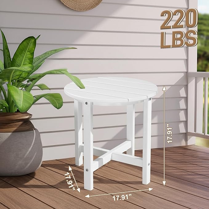 Outvita Adirondack Side Table, 18 Inch Round Outdoor End Table, HDPE Weather Resistant Coffee Table for Patio Balcony Deck Garden, White