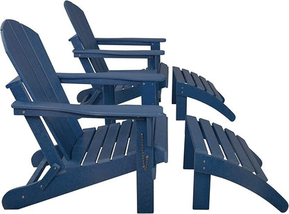 WestinTrends Malibu Outdoor Lounge Chairs Set, 5-Pieces Adirondack Chair Set of 2 with Ottoman and Side Table, All Weather Poly Lumber Patio Lawn Folding Chair for Outside, Navy Blue