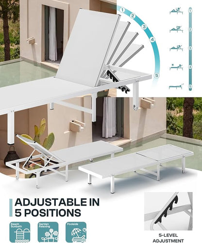 Lounge Chair Outdoor with Wheels, Aluminum Patio Chaise Lounge Chair with 5 Adjustable Backrest - Easy to Move- Pool Lounge Chairs for Deck, Beach, Poolside (White)