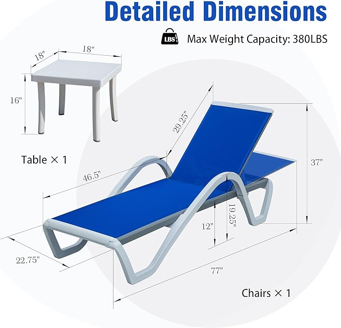 Domi Outdoor Lounge Chair, Aluminum Patio Chaise Lounge with 5 Position Adjustable Backrest and Wheels, All Weather Reclining Chair with Armrest and Side Table for Patio, Yard,Balcony,Poolside (Blue)
