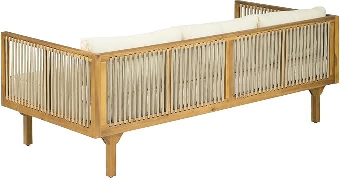 Merax Acacia Wood Outdoor Patio Loveseat Sofa w/Coushion and & Light Brown Rope, 3-Seater Sofa Daybed for Backyard, Lawn, Deck, Balcony, Water Repellent Fabric, 600 lbs Capacity, Teak +Beige
