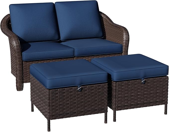 3 Piece Patio Wicker Conversation Set, All-Weather Use Outdoor Wicker Loveseat with 2 PE Rattan Ottomans - Photo 7
