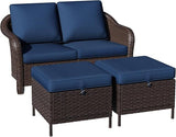 3 Piece Patio Wicker Conversation Set, All-Weather Use Outdoor Wicker Loveseat with 2 PE Rattan Ottomans - Photo 7