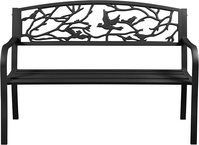 Topeakmart Garden Bench Outdoor Patio Bench for Outdoors Metal Porch Cast Iron Steel Outdoor Bench with Backrest and Armrests, Black