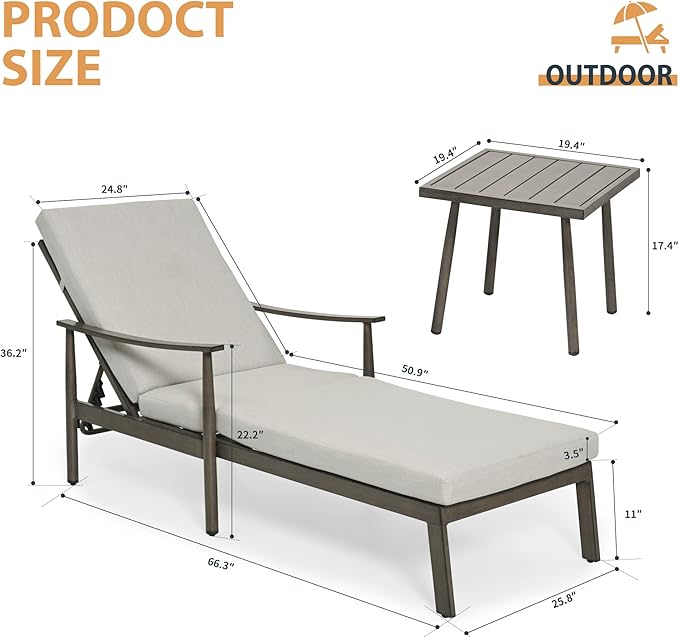 HAPPATIO Outdoor Chaise Lounge Set of 2, Aluminum Pool Lounge Chair with Adjustable Backrest, Cushion, Curved Armrest, and Side Table, Outdoor Lounge Chair for Beach, Yard, or Poolside (Grey)