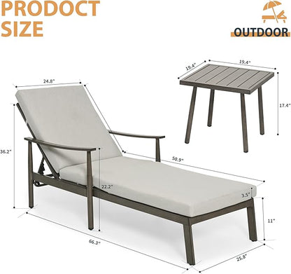 HAPPATIO Outdoor Chaise Lounge Set of 2, Aluminum Pool Lounge Chair with Adjustable Backrest, Cushion, Curved Armrest, and Side Table, Outdoor Lounge Chair for Beach, Yard, or Poolside (Grey)