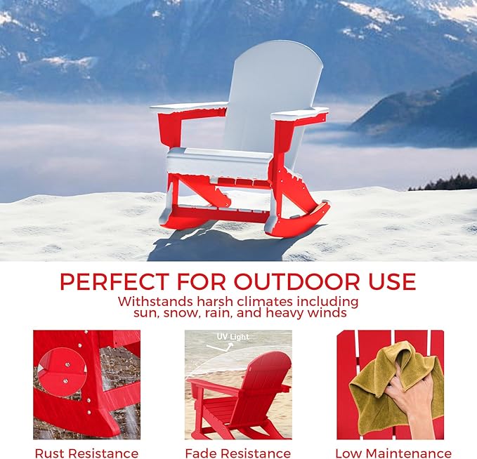 Costaelm Outdoor Adirondack Chair, All Weather Resistant Classic Balcony Chair and Fire Pit Chairs, Adirondack Plastic Outdoor Porch Furniture Rocking Chair High Back HDPE Poly Lumber, Red