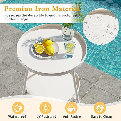 Outvita Outdoor Round Side Table, Small Metal End Table Black Coffee Table for Patio Lawn Garden Living Room Bedroom Sturdy (Double Layer, Creamy White)