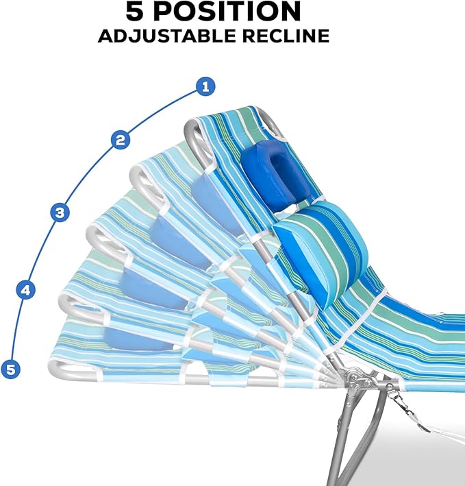 Romswi 2PK Folding Tanning Beach Chair with Face Hole, 5-Position Reclining Sun Lounger, Portable Face Down Tanning Chair with Arm Holes & Side Pocket for Beach, Pool, Patio, Teal and Aqua Stripe