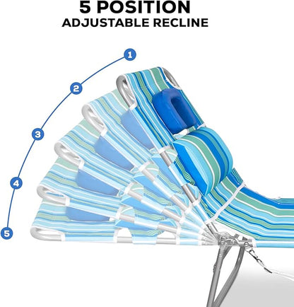 Romswi 2PK Folding Tanning Beach Chair with Face Hole, 5-Position Reclining Sun Lounger, Portable Face Down Tanning Chair with Arm Holes & Side Pocket for Beach, Pool, Patio, Teal and Aqua Stripe