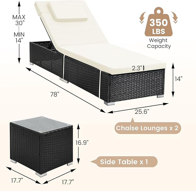 Outdoor Chaise Lounge Chairs, All-Weather Wicker Pool Lounge Chair Set of 2 with Side Table - Photo 2