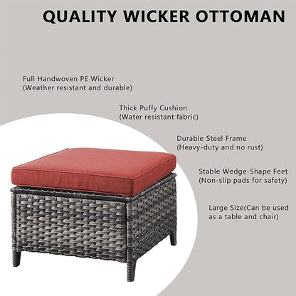 Rilyson Wicker Patio Furniture Sofa Set - 7 Piece Rattan Outdoor Patio Sectional Conversation Sets with 2 Sofa,2 Armrest Chairs,1 Coffee Table and 2 Ottomans for Porch Deck Garden(Mixed Grey/Red)