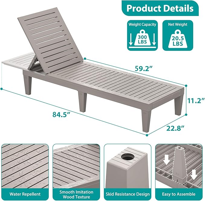 Chaise Lounge Chair Outdoor Set of 2 for Patio, Weather-Resistant Tanning Chair Recliner with Adjustable Backrest - Photo 3