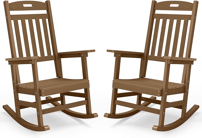 YEFU Porch Rocking Chairs Set of 2: Plastic Rocking Chairs for Outside, Weather Resistant for Patio, Waterproof, Rock smoothly, Teak