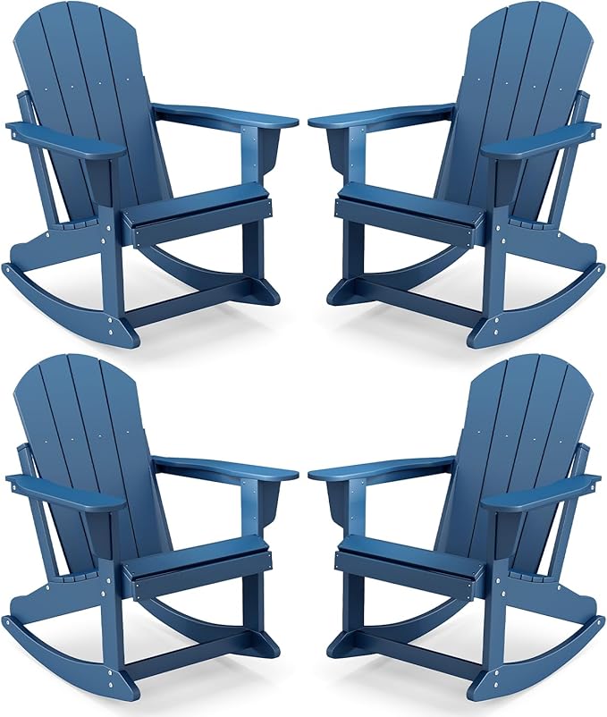 IVY&LANE Adirondack Rocking Chairs Set of 4 | Porch-Rocker | HDPE Plastic | Weatherproof | Blue | for Outdoor Patio Deck Backyard